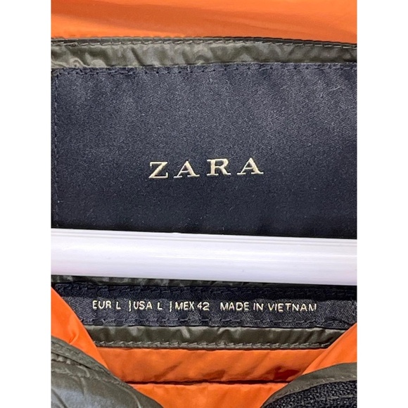 Zara‎ Women's Green Black Hooded Quilted Chest/Hip Pockets Puffer Jacket Large - Picture 3 of 11